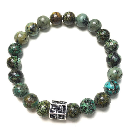 African Turqoiuse Stone Beads with Black Striped CZ Charms Elastic Rope Handmade Bracelets