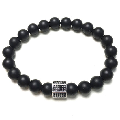 Black Matte Onyx Stone Beads with Black Striped CZ Charms Elastic Rope Handmade Bracelets