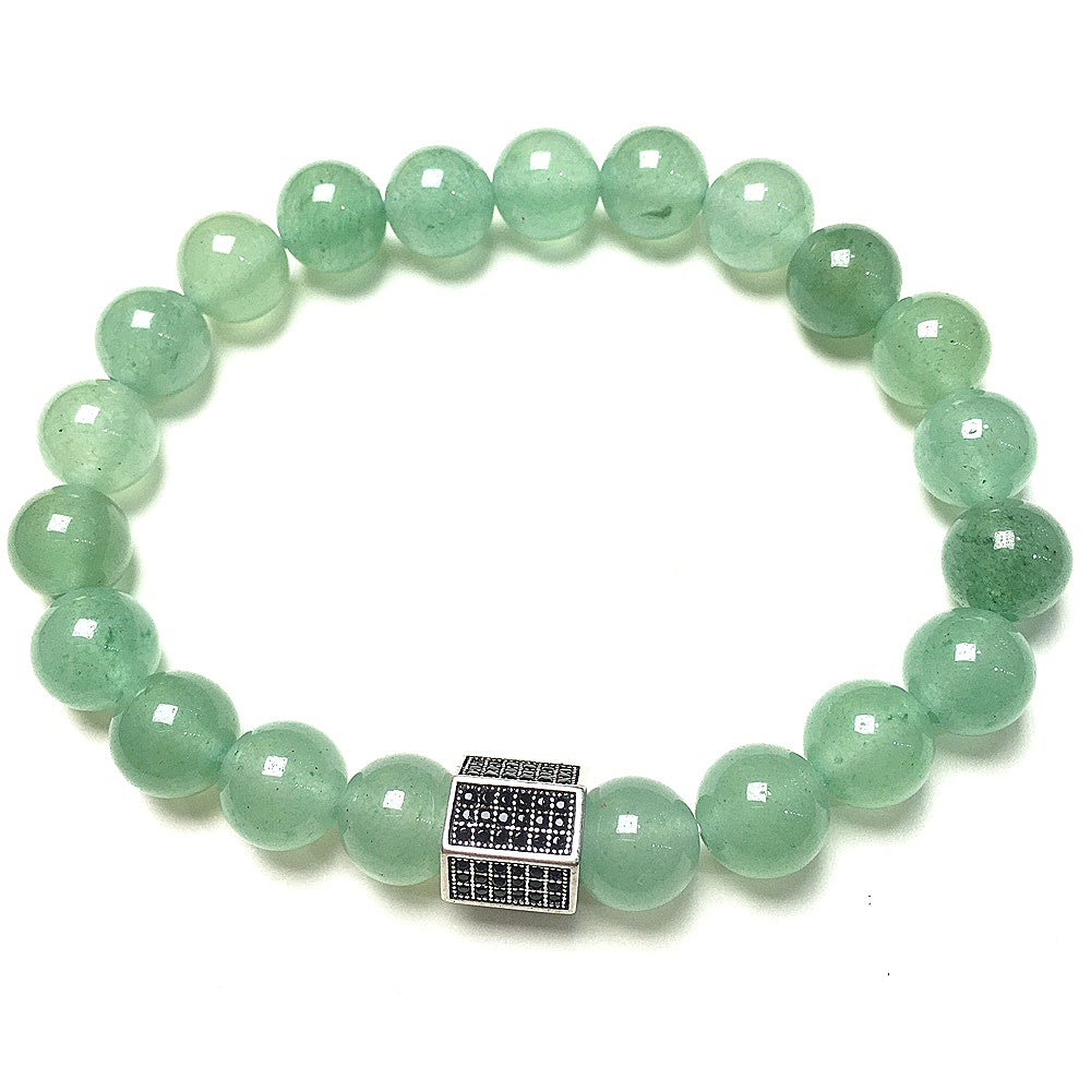 Black Striped CZ Charms Green Adventurine Stone Beads Elastic Rope Handmade Bracelets