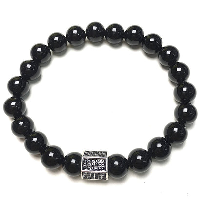Black Striped CZ Charms Black Onyx Stone Beads Elastic Rope Handmade Bracelets