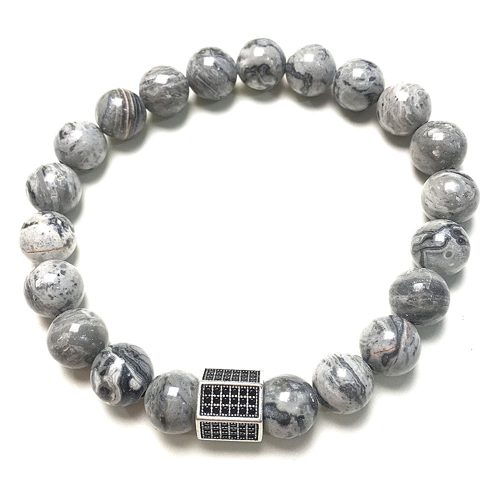 Map Stone Beads with Black Striped CZ Charms Elastic Rope Handmade Bracelets