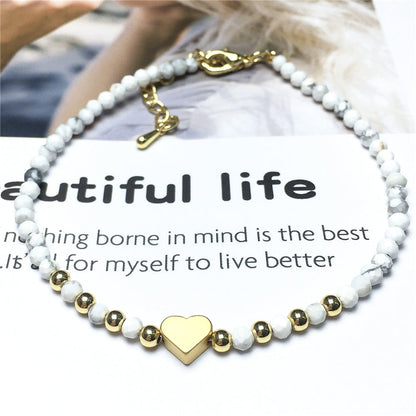Howlite Gemstone Adjustable tiny Beads Gemstone Bracelet with Love Heart Charm