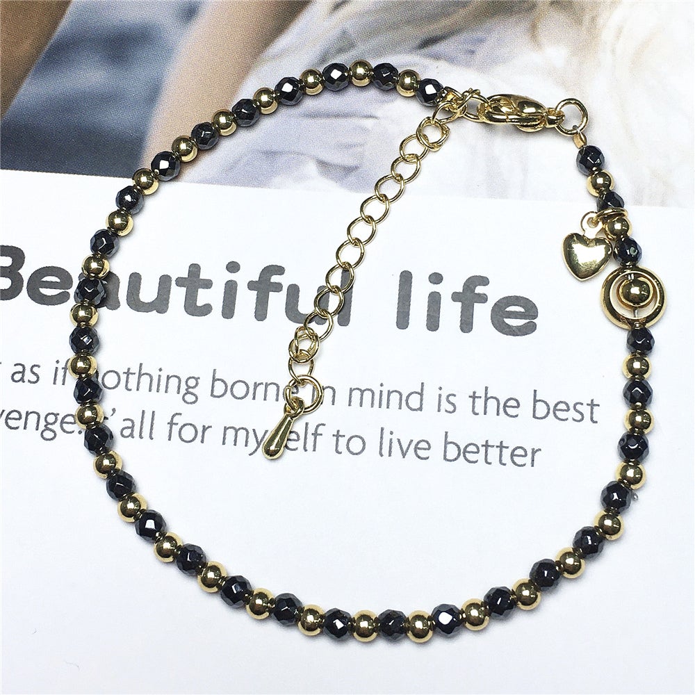 Hematite Gemstone Adjustable Bracelet Tiny Beads Gemstone Bracelet with Love Heart Charm