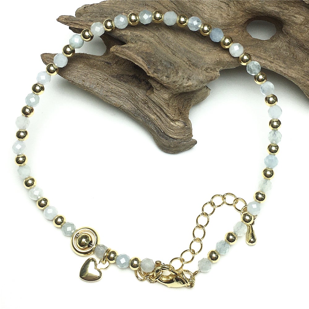 Aquamarine Gemstone Adjustable Bracelet Tiny Beads Gemstone Bracelet with Love Heart Charm