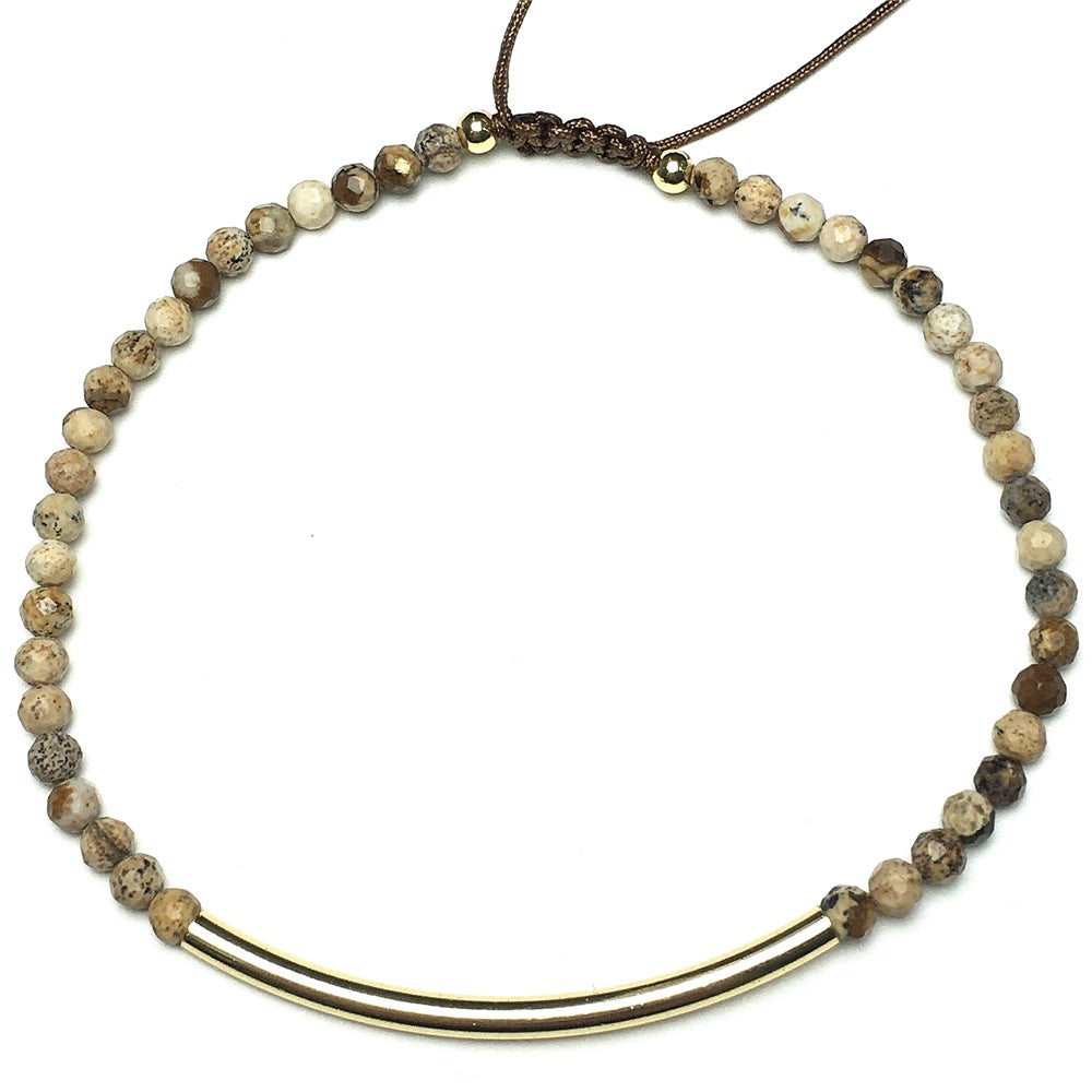 Natural Picture Jasper Gemstone Braid Rope Macrame Adjustable Bracelet Tiny Beads Gemstone Bracelet with Gold Spacer
