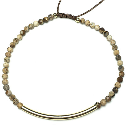 Natural Picture Jasper Gemstone Braid Rope Macrame Adjustable Bracelet Tiny Beads Gemstone Bracelet with Gold Spacer