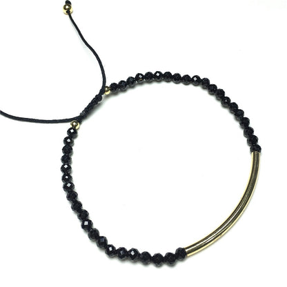 Natural Black Spinel Gemstone Braid Rope Macrame Adjustable Bracelet Tiny Beads Gemstone Bracelet with Gold Spacer