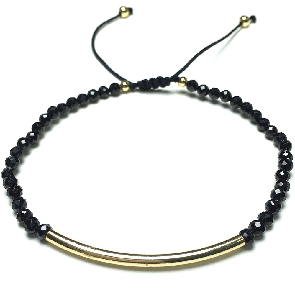 Natural Black Spinel Gemstone Braid Rope Macrame Adjustable Bracelet Tiny Beads Gemstone Bracelet with Gold Spacer