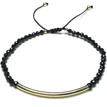 Natural Black Spinel Gemstone Braid Rope Macrame Adjustable Bracelet Tiny Beads Gemstone Bracelet with Gold Spacer