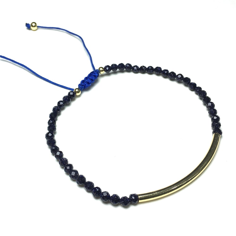 Natural Blue Sandstone Gemstone Braid Rope Macrame Adjustable Bracelet Tiny Beads Gemstone Bracelet with Gold Spacer