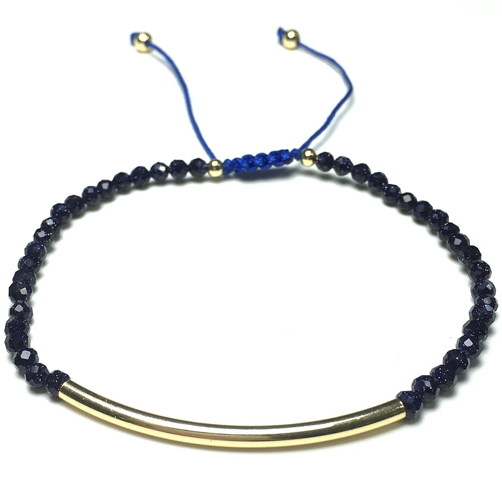 Natural Blue Sandstone Gemstone Braid Rope Macrame Adjustable Bracelet Tiny Beads Gemstone Bracelet with Gold Spacer