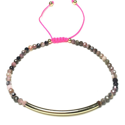 Natural Pink Rhodonite Gemstone Braid Rope Macrame Adjustable Bracelet Tiny Beads Gemstone Bracelet with Gold Spacer