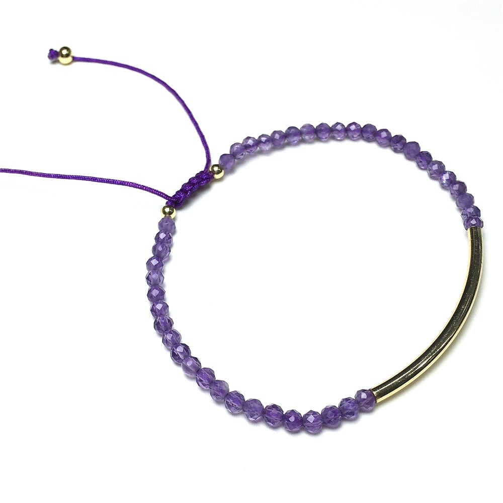 Natural Amethyst Gemstone Braid Rope Macrame Adjustable Bracelet Tiny Beads Gemstone Bracelet with Gold Spacer