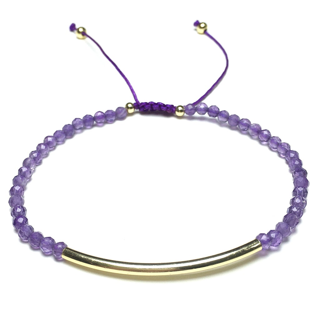 Natural Amethyst Gemstone Braid Rope Macrame Adjustable Bracelet Tiny Beads Gemstone Bracelet with Gold Spacer