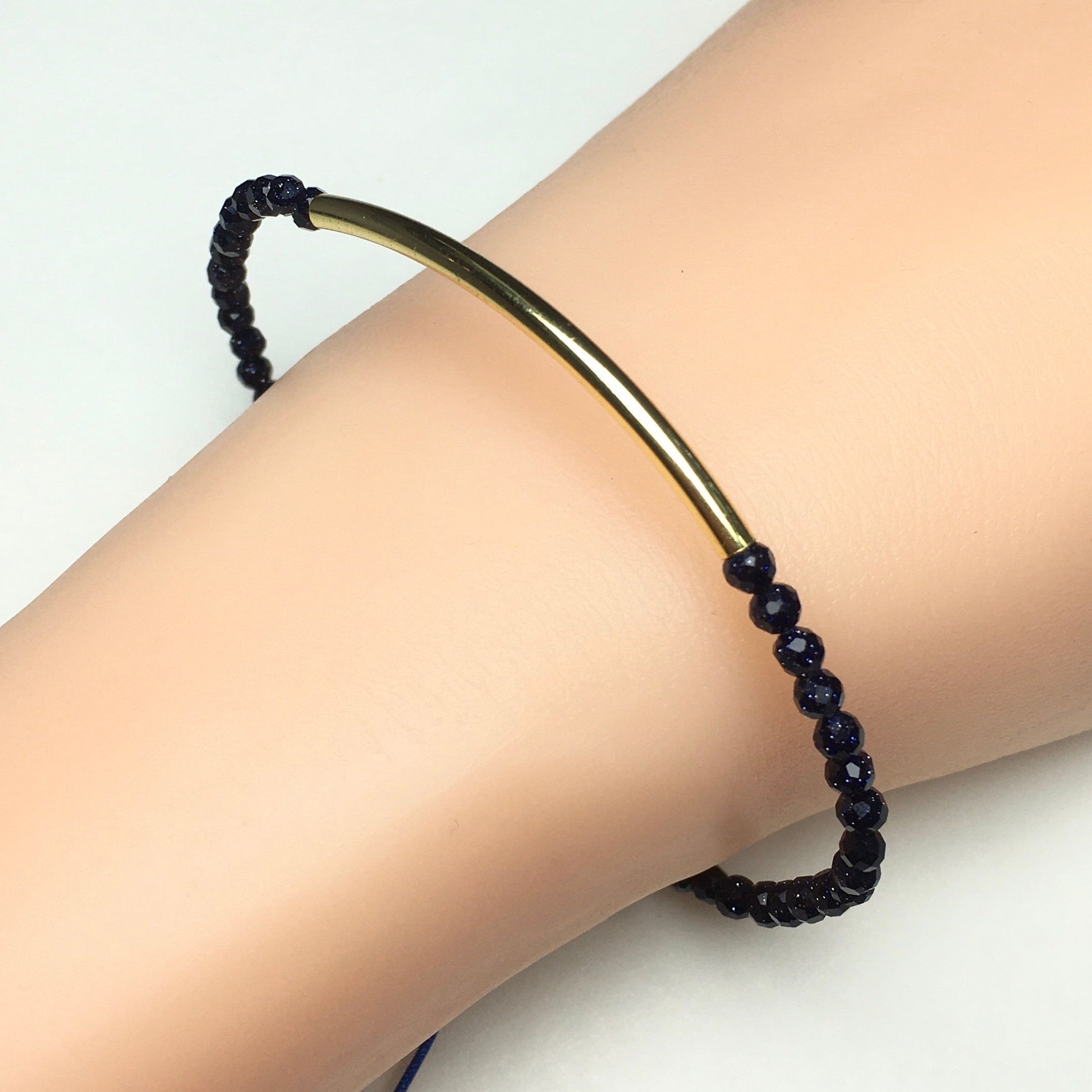 Natural Blue Sandstone Gemstone Braid Rope Macrame Adjustable Bracelet Tiny Beads Gemstone Bracelet with Gold Spacer