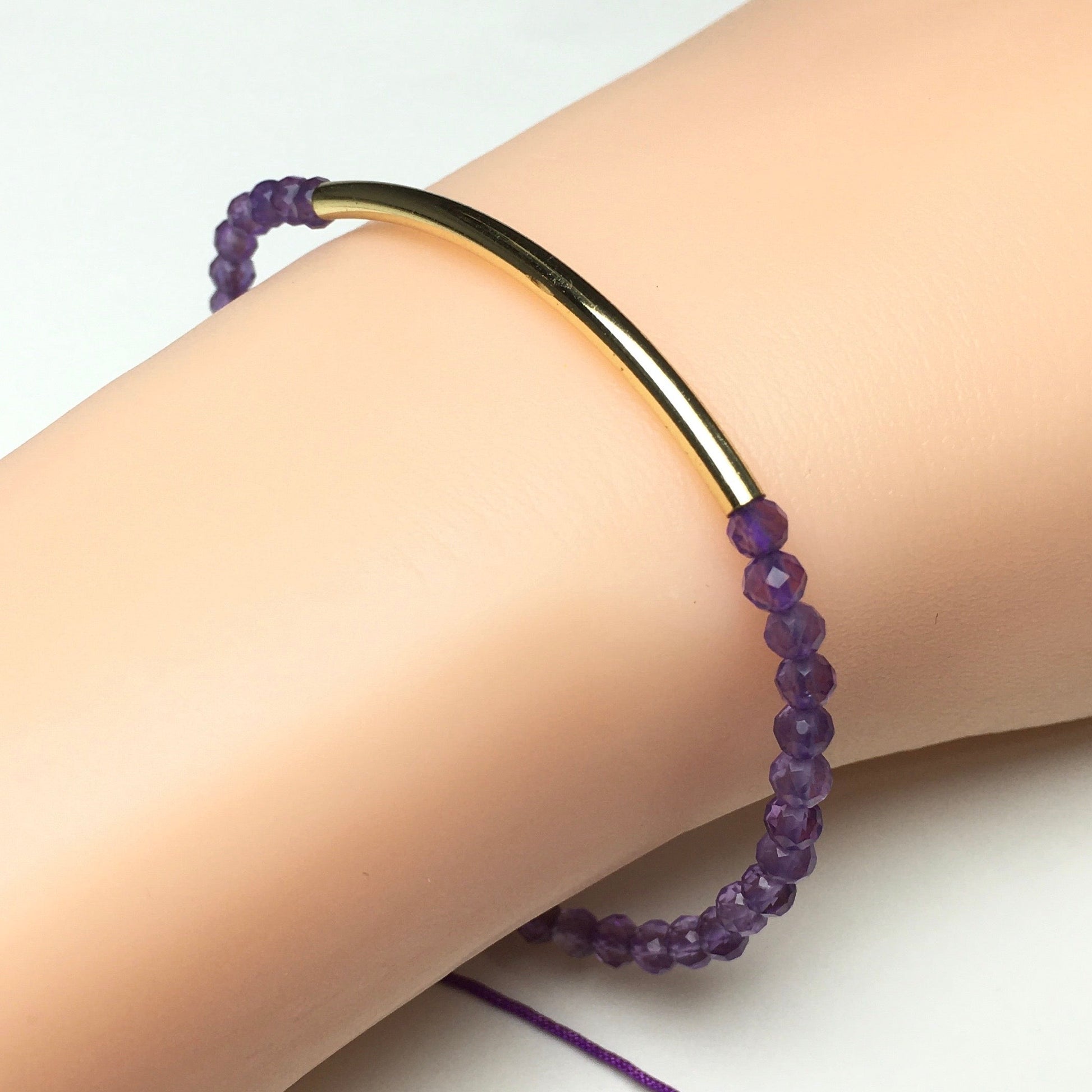 Natural Amethyst Gemstone Braid Rope Macrame Adjustable Bracelet Tiny Beads Gemstone Bracelet with Gold Spacer