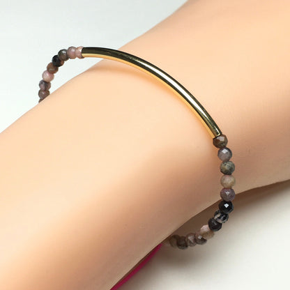 Natural Pink Rhodonite Gemstone Braid Rope Macrame Adjustable Bracelet Tiny Beads Gemstone Bracelet with Gold Spacer