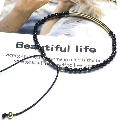 Natural Black Spinel Gemstone Braid Rope Macrame Adjustable Bracelet Tiny Beads Gemstone Bracelet with Gold Spacer