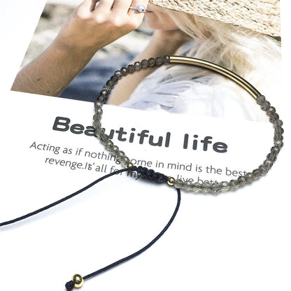 Natural Smoky Quartz Gemstone Braid Rope Macrame Adjustable Bracelet Tiny Beads Gemstone Bracelet with Gold Spacer