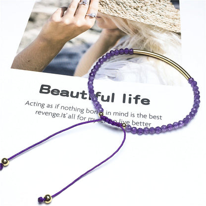 Natural Amethyst Gemstone Braid Rope Macrame Adjustable Bracelet Tiny Beads Gemstone Bracelet with Gold Spacer