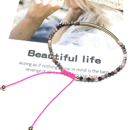 Natural Pink Rhodonite Gemstone Braid Rope Macrame Adjustable Bracelet Tiny Beads Gemstone Bracelet with Gold Spacer