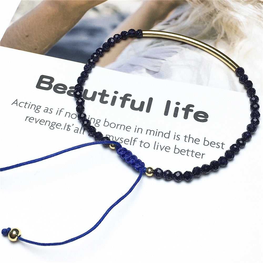 Natural Blue Sandstone Gemstone Braid Rope Macrame Adjustable Bracelet Tiny Beads Gemstone Bracelet with Gold Spacer