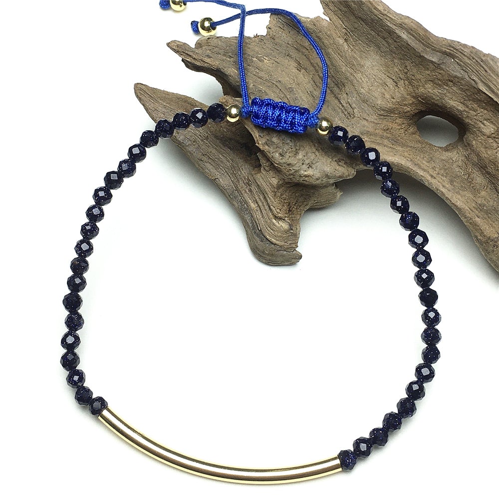 Natural Blue Sandstone Gemstone Braid Rope Macrame Adjustable Bracelet Tiny Beads Gemstone Bracelet with Gold Spacer