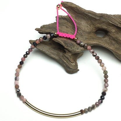 Natural Pink Rhodonite Gemstone Braid Rope Macrame Adjustable Bracelet Tiny Beads Gemstone Bracelet with Gold Spacer