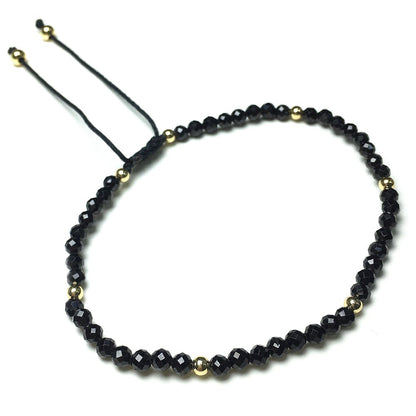 Natural Black Spinel Gemstone Braid Rope Macrame Adjustable Bracelet Tiny Beads Gemstone Bracelet with Gold Beads Spacer