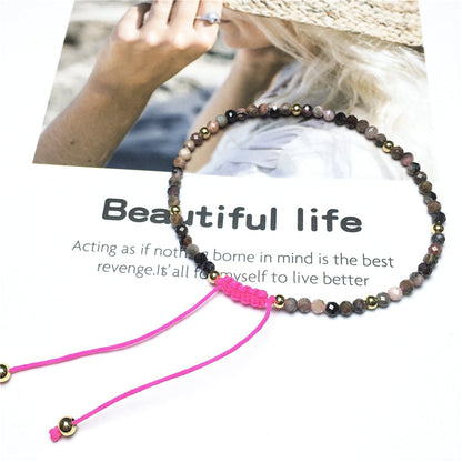 Natural Pink Rhodonite Gemstone Braid Rope Macrame Adjustable Bracelet Tiny Beads Gemstone Bracelet with Gold Beads Spacer