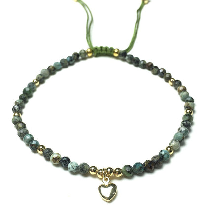 African Turquoise Gemstone Braid Rope Macrame Adjustable Bracelet Tiny Beads Gemstone Bracelet with Love Heart Charm