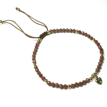 Gold Sandstone Gemstone Braid Rope Macrame Adjustable Bracelet Tiny Beads Gemstone Bracelet with Love Heart Charm