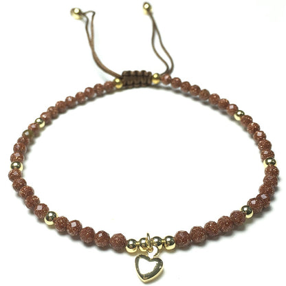 Gold Sandstone Gemstone Braid Rope Macrame Adjustable Bracelet Tiny Beads Gemstone Bracelet with Love Heart Charm