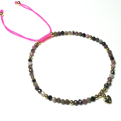 Pink Rhodonite Gemstone Braid Rope Macrame Adjustable Bracelet Tiny Beads Gemstone Bracelet with Love Heart Charm