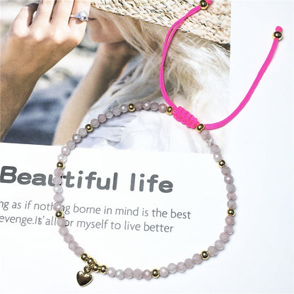 Rose Quartz Gemstone Braid Rope Macrame Adjustable Bracelet Tiny Beads Gemstone Bracelet with Love Heart Charm