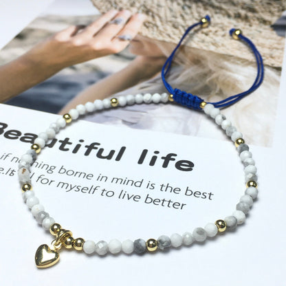 Howlite Gemstone Braid Rope Macrame Adjustable Bracelet Tiny Beads Gemstone Bracelet with Love Heart Charm