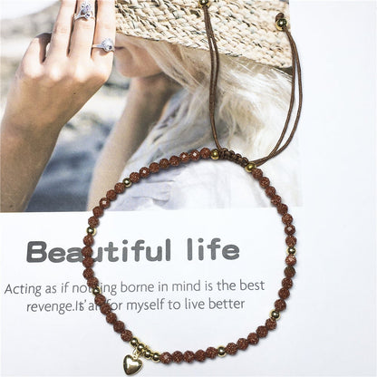 Gold Sandstone Gemstone Braid Rope Macrame Adjustable Bracelet Tiny Beads Gemstone Bracelet with Love Heart Charm