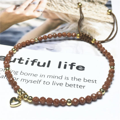 Gold Sandstone Gemstone Braid Rope Macrame Adjustable Bracelet Tiny Beads Gemstone Bracelet with Love Heart Charm