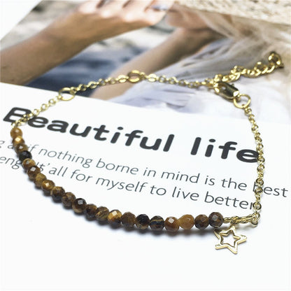 Tiger Eyes Gemstone Adjustable Bracelet Tiny Beads Gemstone Gold Plated Chain Linked Bracelet for Women