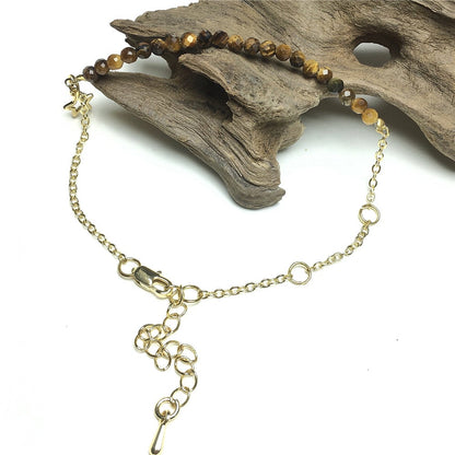 Tiger Eyes Gemstone Adjustable Bracelet Tiny Beads Gemstone Gold Plated Chain Linked Bracelet for Women