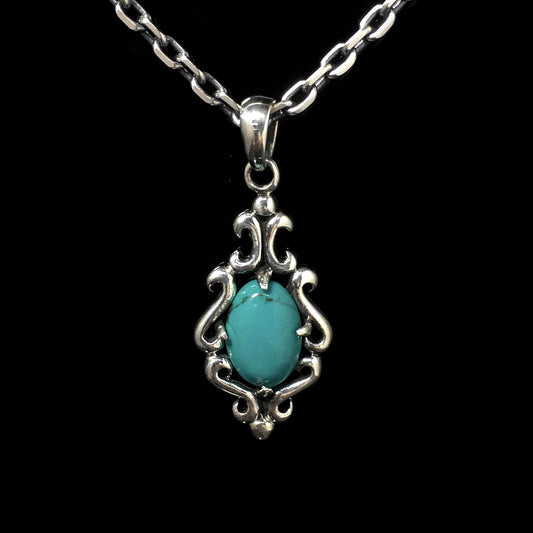 Floral Pattern Sterling Silver Oval Turquoise Pendant