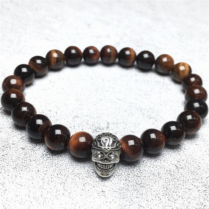 Gemstone Beaded Red Tiger Eye Stone Elastic Stretch Bracelet Tattoo Skull Design
