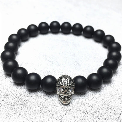 Gemstone Beaded Matte Onyx Stone Elastic Stretch Bracelet Tattoo Skull Design