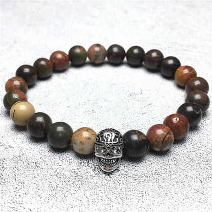 Gemstone Beaded Picasso Stone Elastic Stretch Bracelet Tattoo Skull Design
