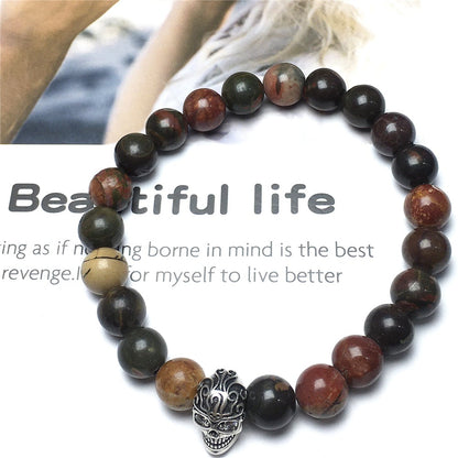 Gemstone Beaded Picasso Stone Elastic Stretch Bracelet Tattoo Skull Design
