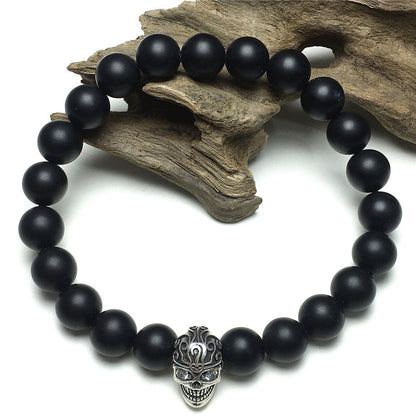 Gemstone Beaded Matte Onyx Stone Elastic Stretch Bracelet Tattoo Skull Design