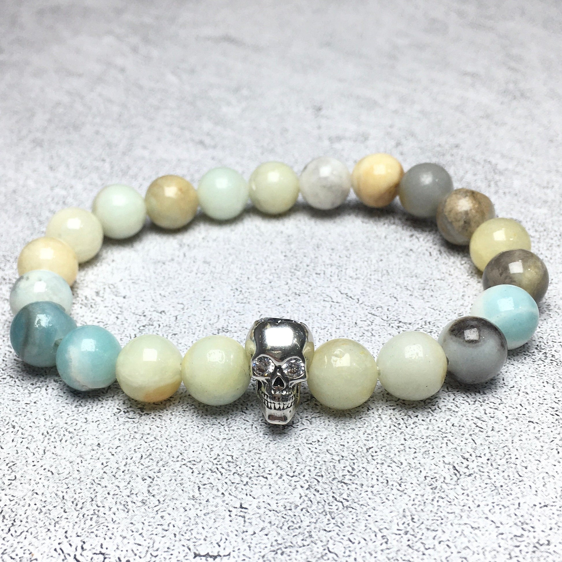 Amazonite Stretch Bracelet with Crystal Skull Semi Precious Gemstone Elastic Beaded Bracelet