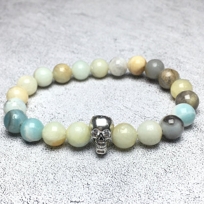 Amazonite Stretch Bracelet with Crystal Skull Semi Precious Gemstone Elastic Beaded Bracelet