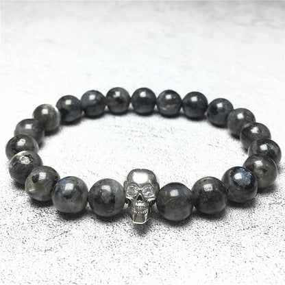 Labradorite Stretch Bracelet with Crystal Skull Semi Precious Gemstone Elastic Beaded Bracelet