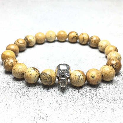 Picture Jasper Stretch Bracelet with Crystal Skull Semi Precious Gemstone Elastic Beaded Bracelet